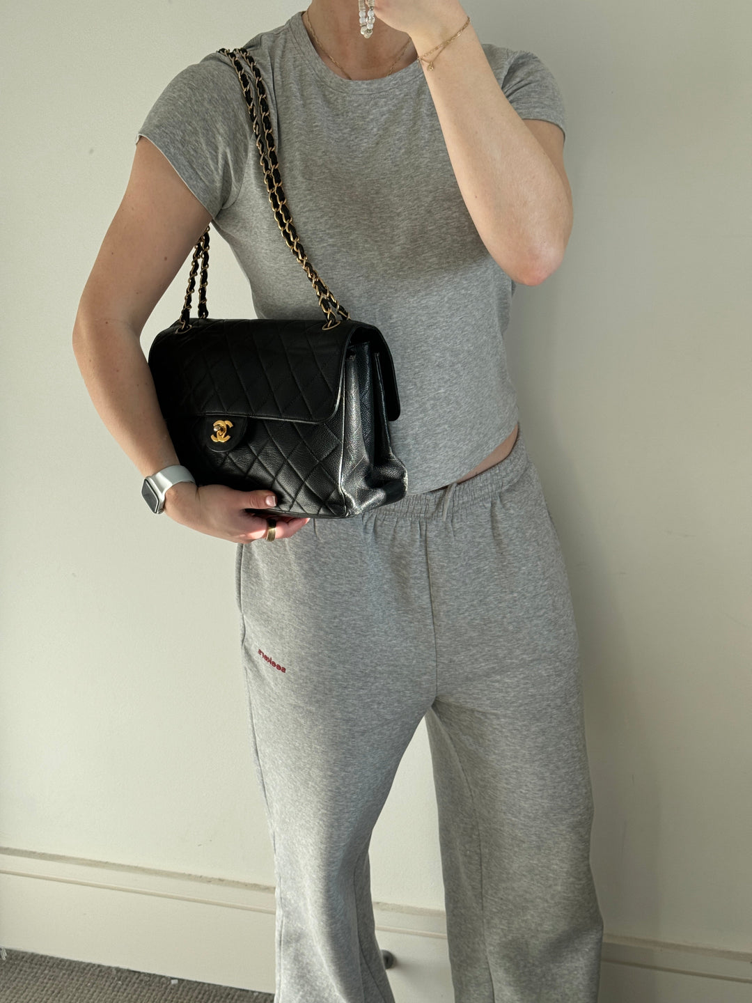 Vintage 90s Chanel Double Sided Black Caviar 24K GHW 30cm Classic Flap Bag