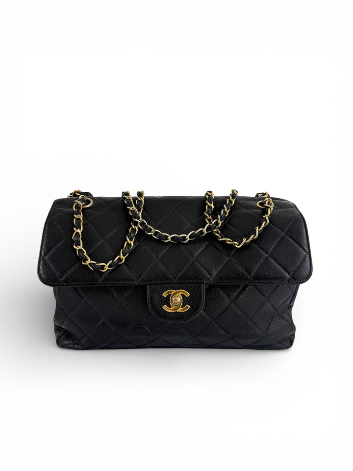 Vintage 90s Chanel Double Sided Black Caviar 24K GHW 30cm Classic Flap Bag
