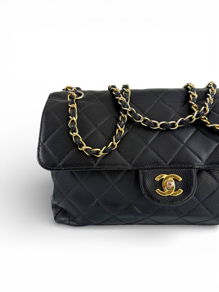Vintage 90s Chanel Double Sided Black Caviar 24K GHW 30cm Classic Flap Bag