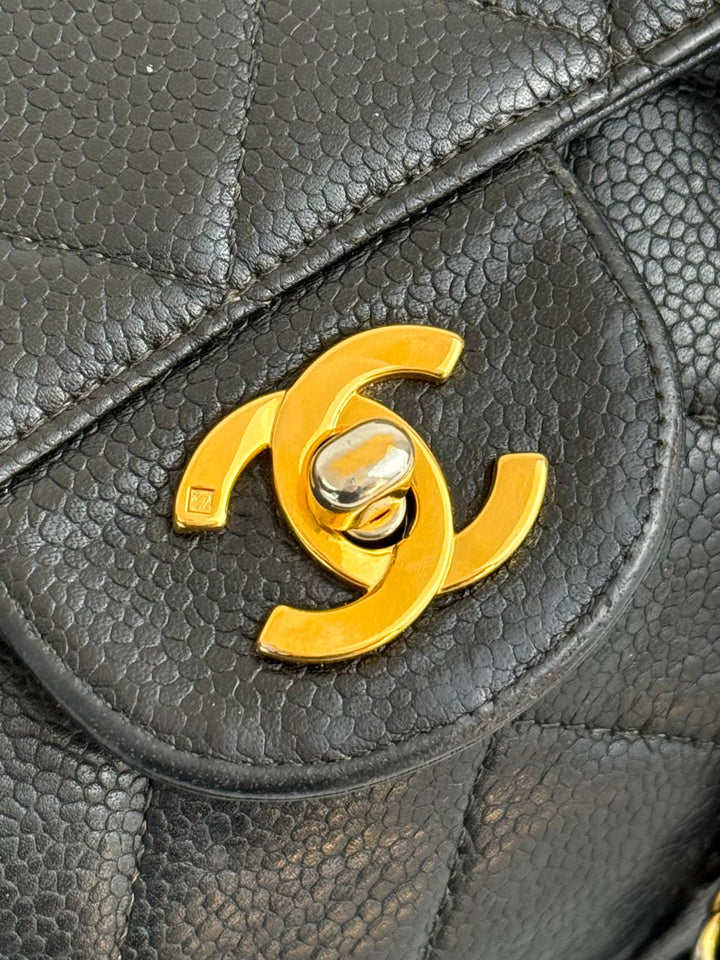 Vintage 90s Chanel Double Sided Black Caviar 24K GHW 30cm Classic Flap Bag