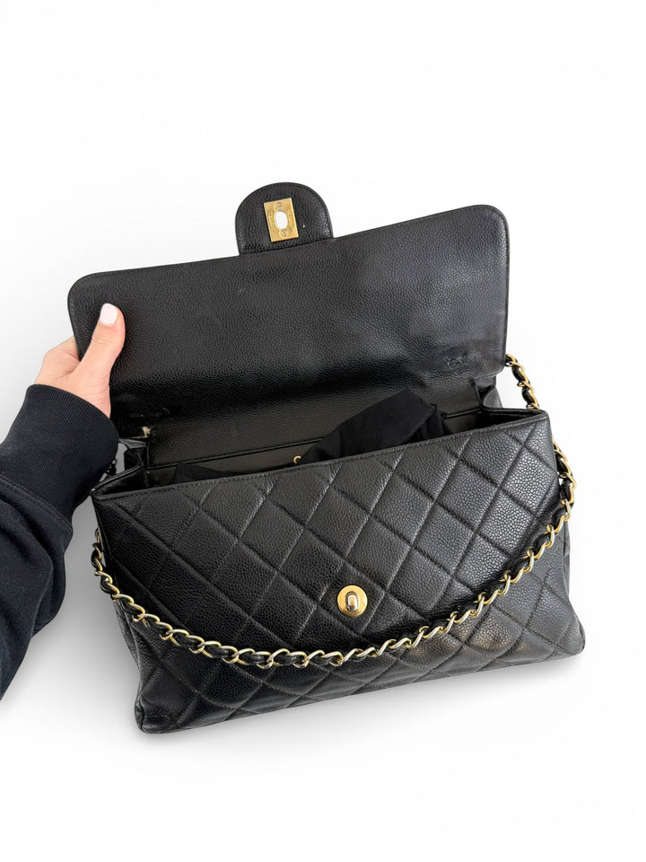 Vintage 90s Chanel Double Sided Black Caviar 24K GHW 30cm Classic Flap Bag