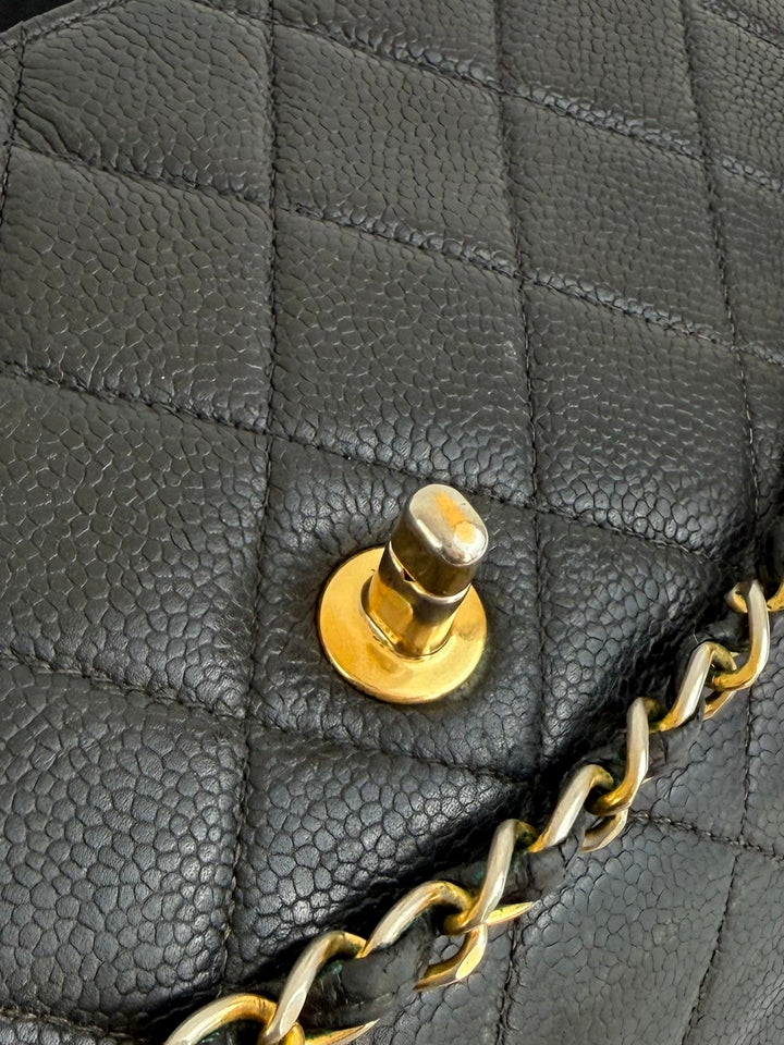 Vintage 90s Chanel Double Sided Black Caviar 24K GHW 30cm Classic Flap Bag