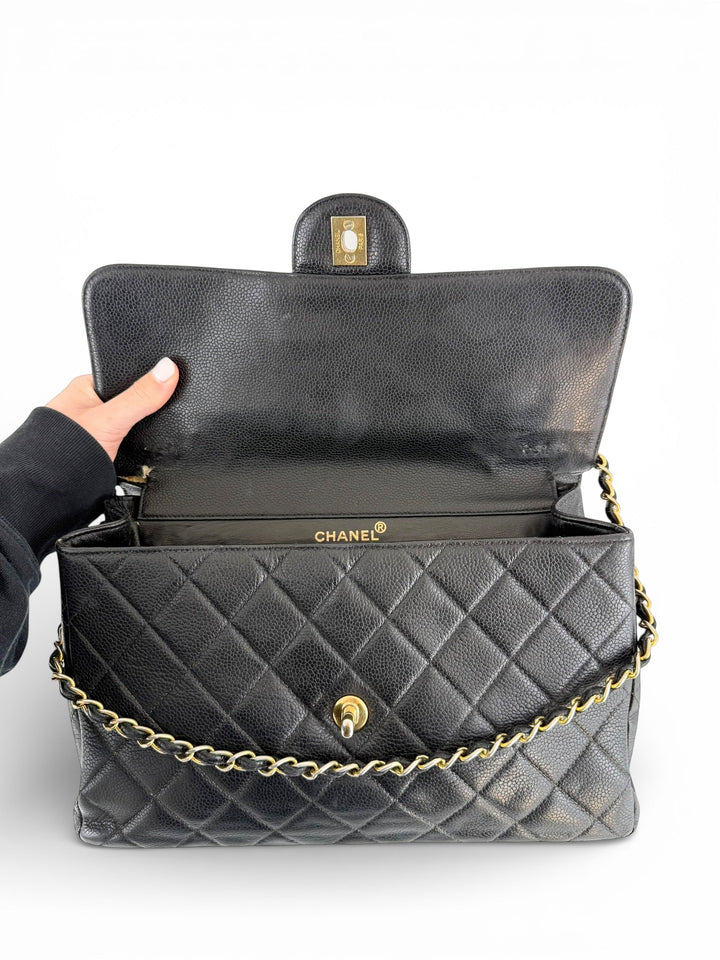 Vintage 90s Chanel Double Sided Black Caviar 24K GHW 30cm Classic Flap Bag