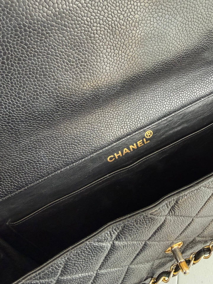Vintage 90s Chanel Double Sided Black Caviar 24K GHW 30cm Classic Flap Bag