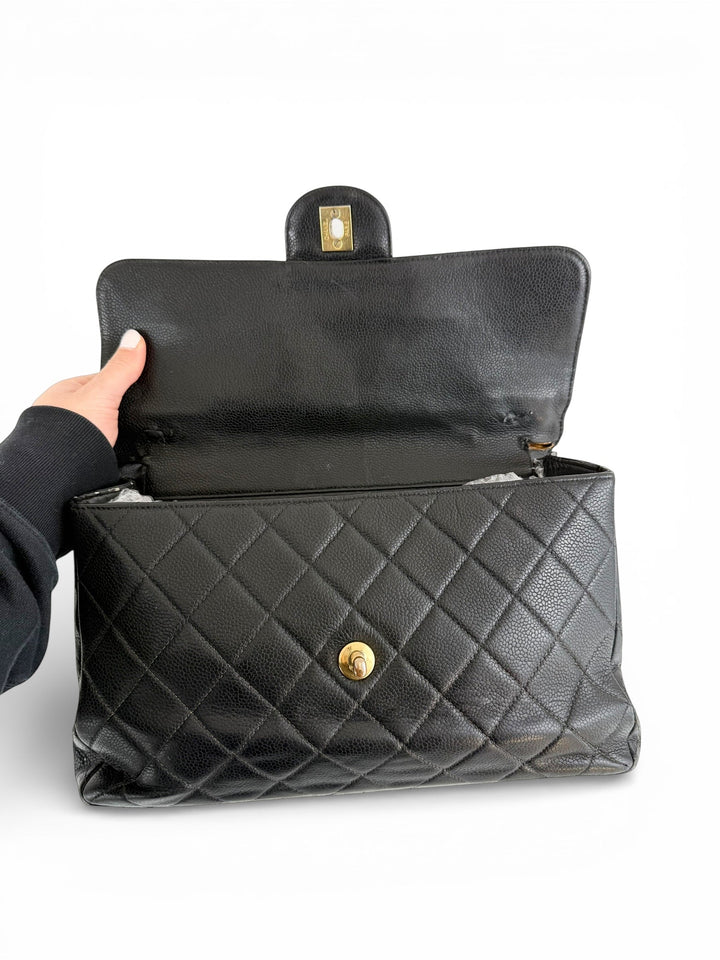 Vintage 90s Chanel Double Sided Black Caviar 24K GHW 30cm Classic Flap Bag
