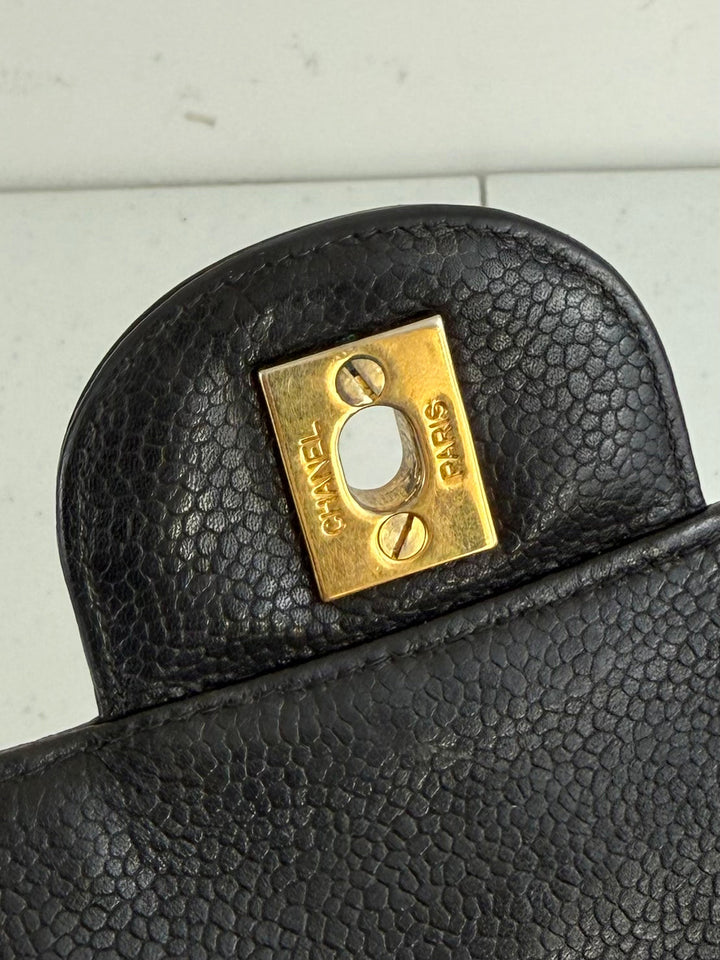 Vintage 90s Chanel Double Sided Black Caviar 24K GHW 30cm Classic Flap Bag