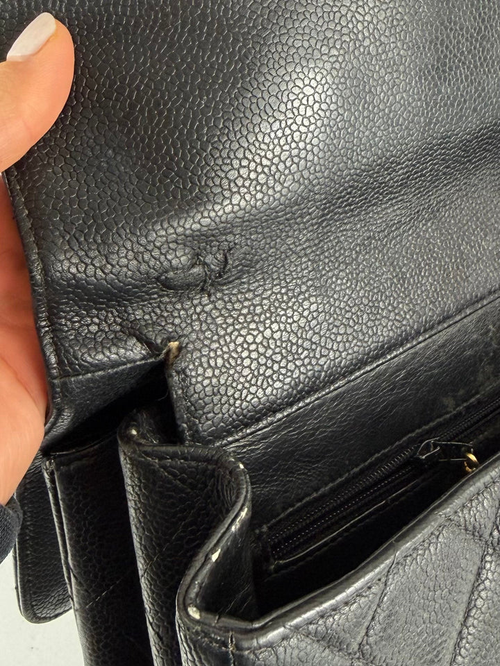 Vintage 90s Chanel Double Sided Black Caviar 24K GHW 30cm Classic Flap Bag