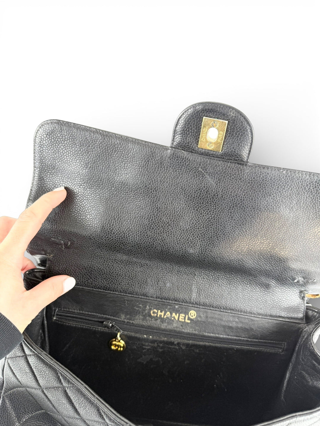 Vintage 90s Chanel Double Sided Black Caviar 24K GHW 30cm Classic Flap Bag